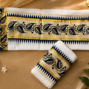 Kerala Set Mundu with Navy Blue Floral Kasavu Border