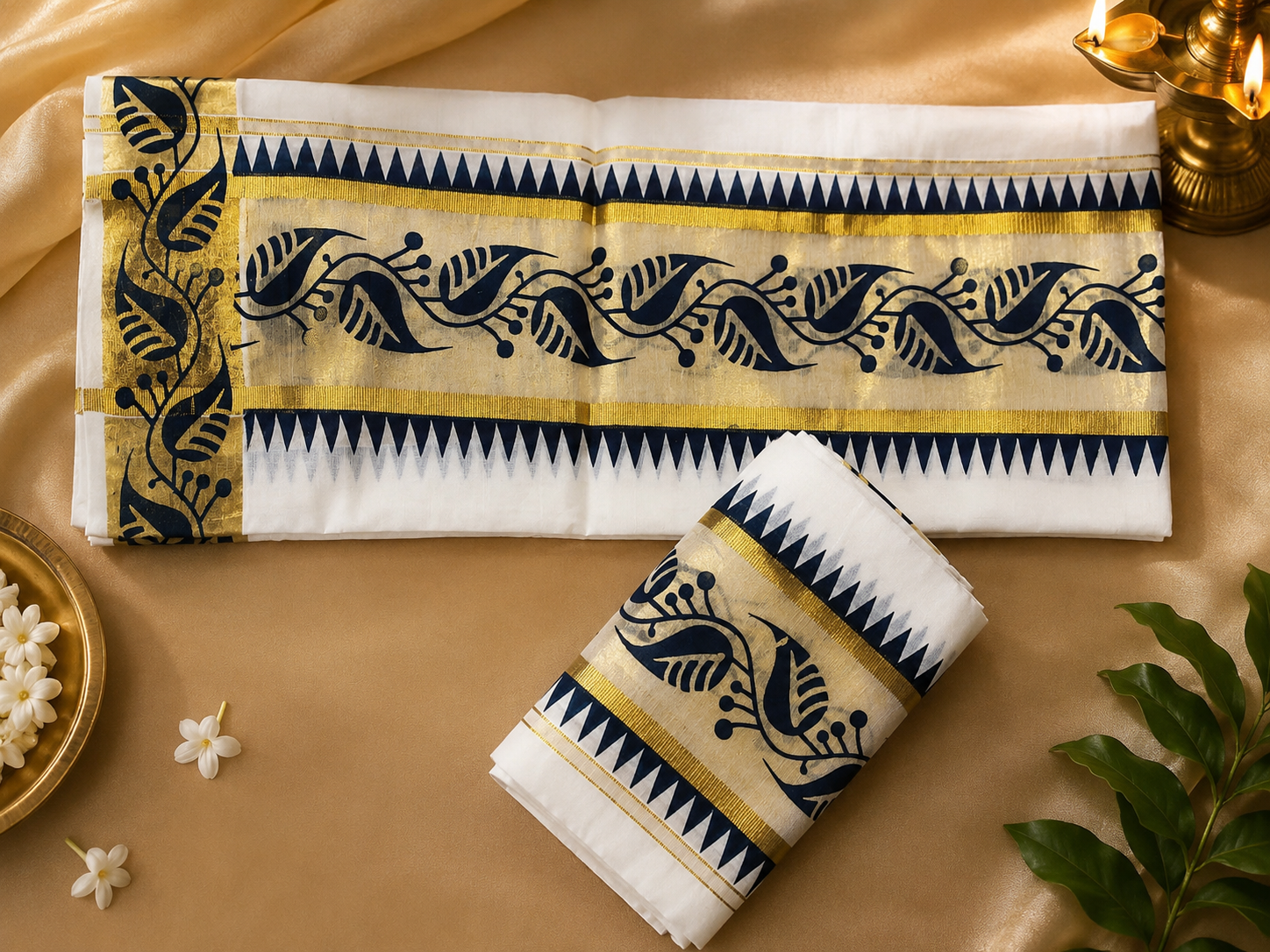Kerala Set Mundu with Navy Blue Floral Kasavu Border