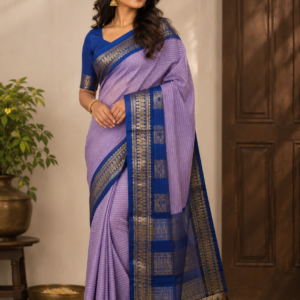 Royal Lavender Kalyani Cotton Handloom Saree with Rich Blue Zari Border