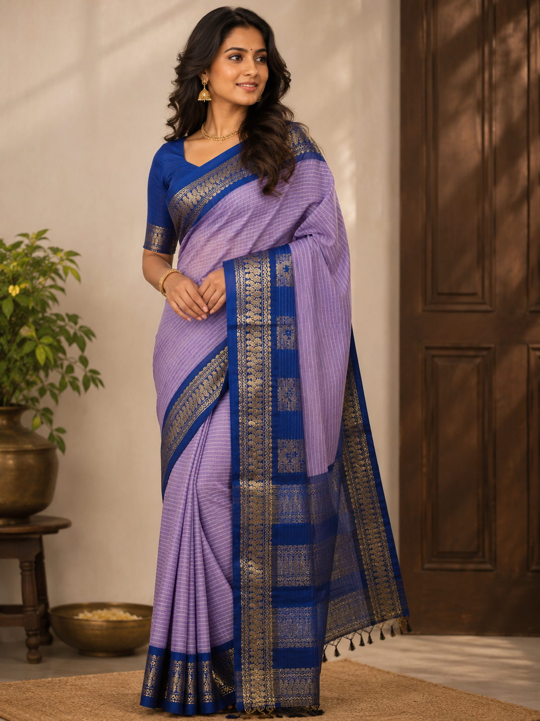 Royal Lavender Kalyani Cotton Handloom Saree with Rich Blue Zari Border