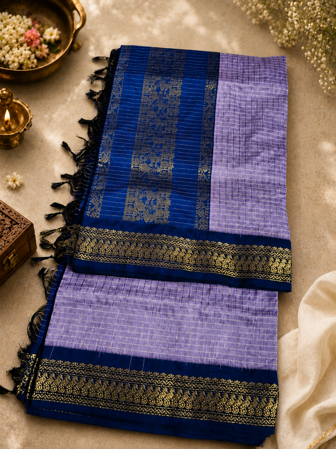 Royal Lavender Kalyani Cotton Handloom Saree with Rich Blue Zari Border - Image 2