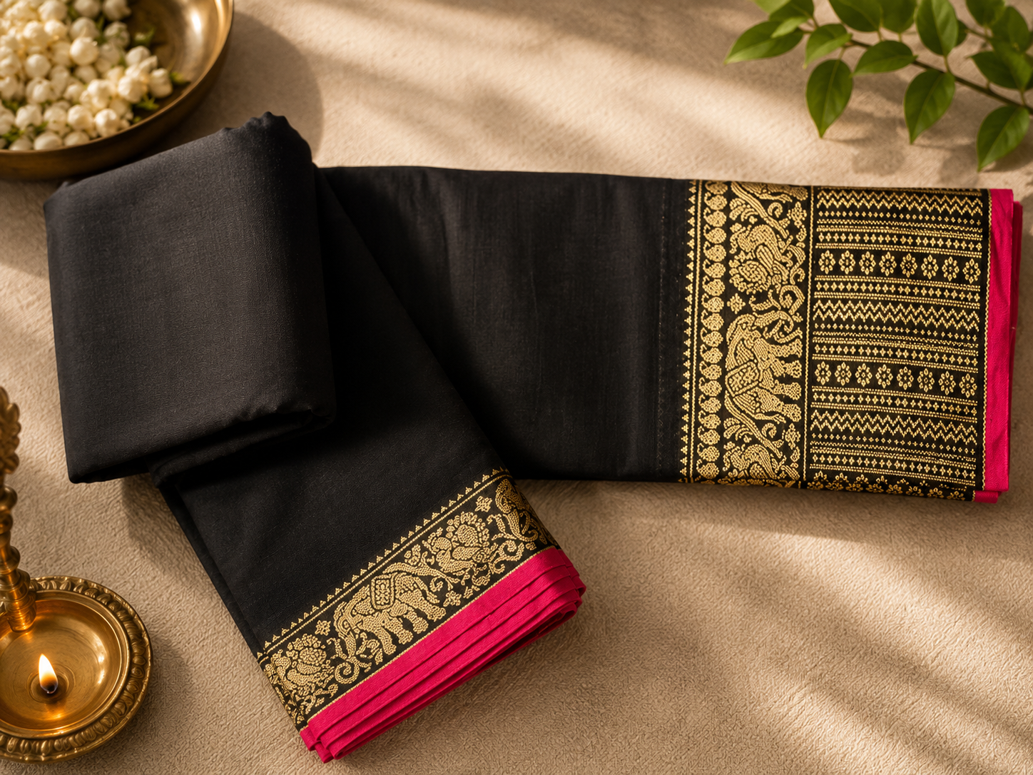 Elegant Black Narayanpet Saree with Antique Gold Border - Image 2
