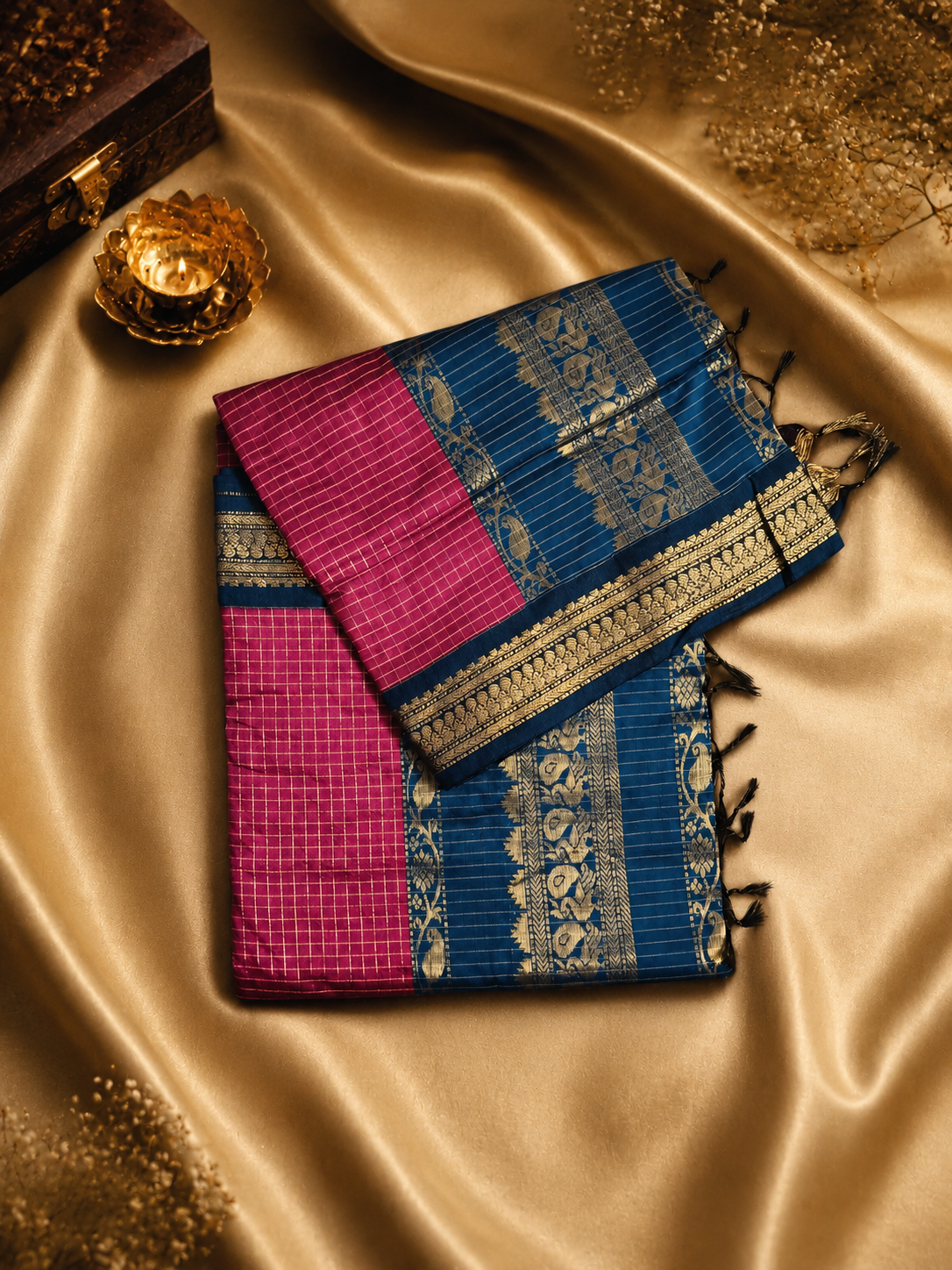 Kalyani Cotton Handloom Saree – Magenta with Royal Blue Zari Border - Image 2