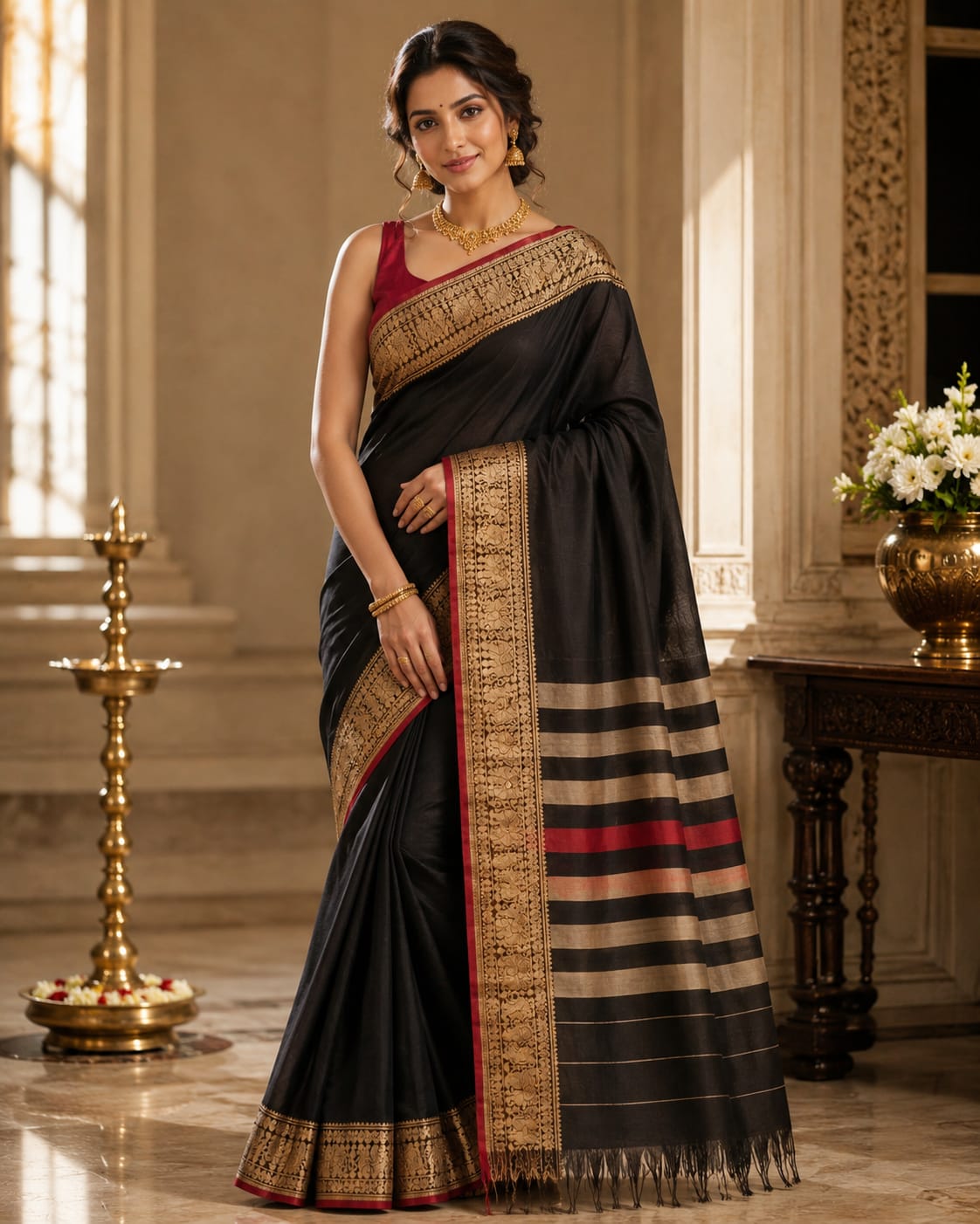 Elegant Black Narayanpet Saree with Antique Gold Border