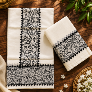 Set Mundu with Malayalam Script Design – Black & White Edition