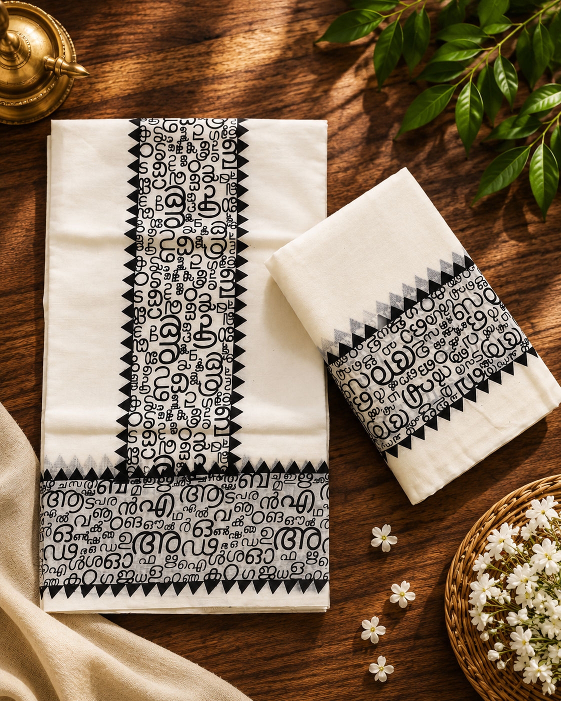 Set Mundu with Malayalam Script Design – Black & White Edition