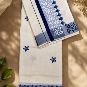 Ivory Blue Handloom Cotton Saree with Traditional Woven Border