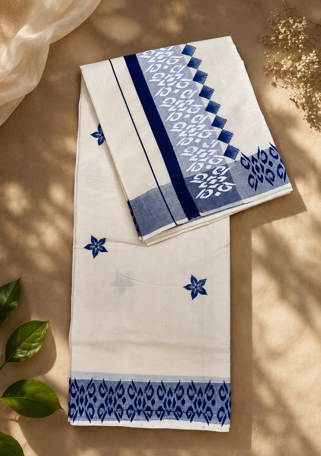 Ivory Blue Handloom Cotton Saree with Traditional Woven Border