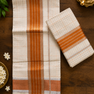 Pure Handloom Kerala Set Mundu with Copper Kasavu Border