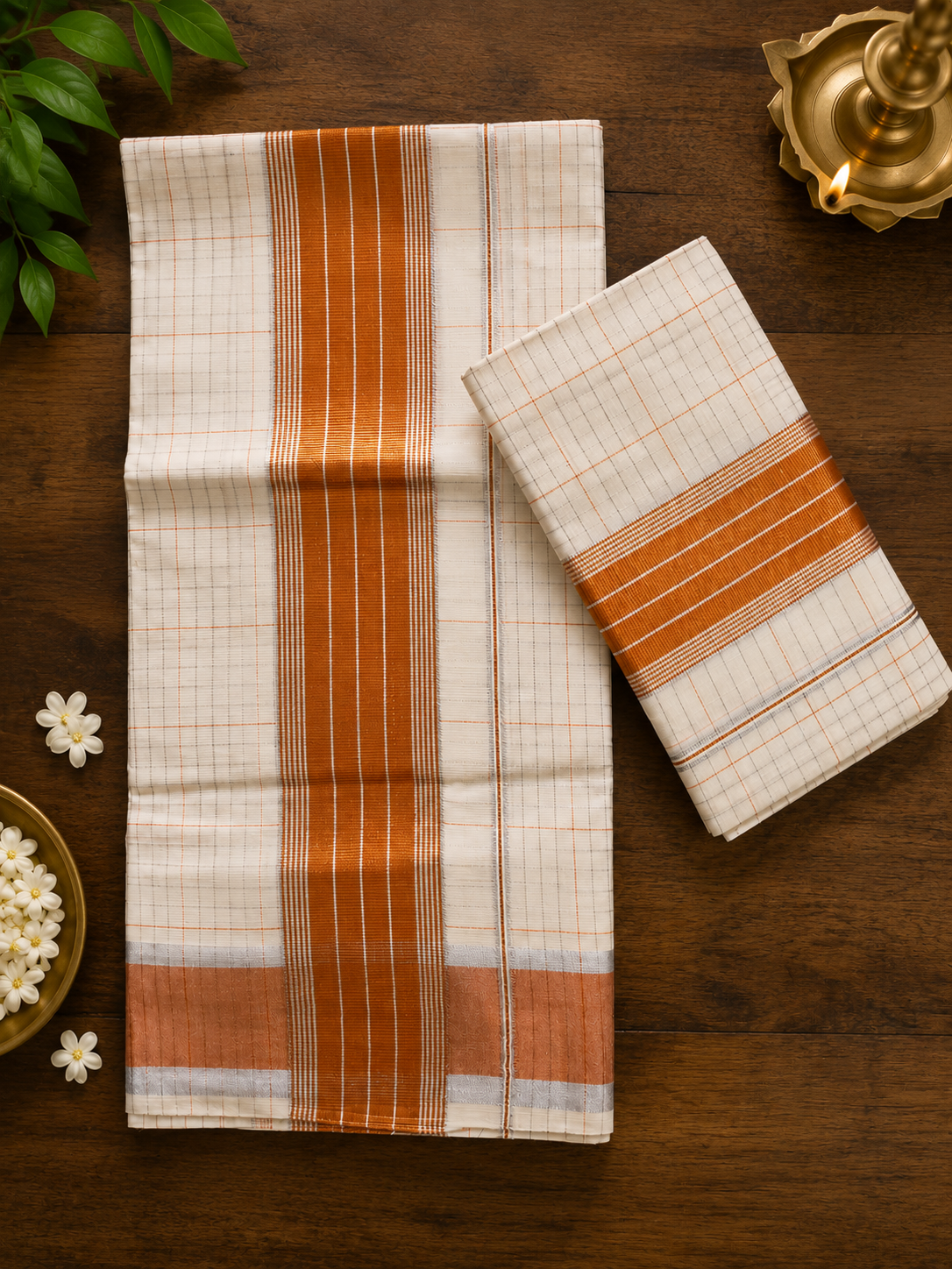 Pure Handloom Kerala Set Mundu with Copper Kasavu Border