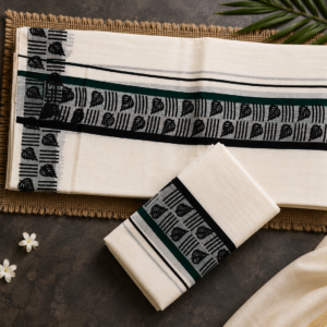 Pure Handloom Kerala Set Mundu with Black Leaf Motif Border