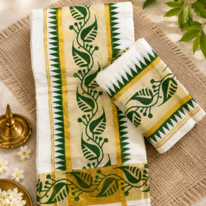 Premium Kerala Handloom Set Mundu with Green Leaf Design & Golden Kasavu Border