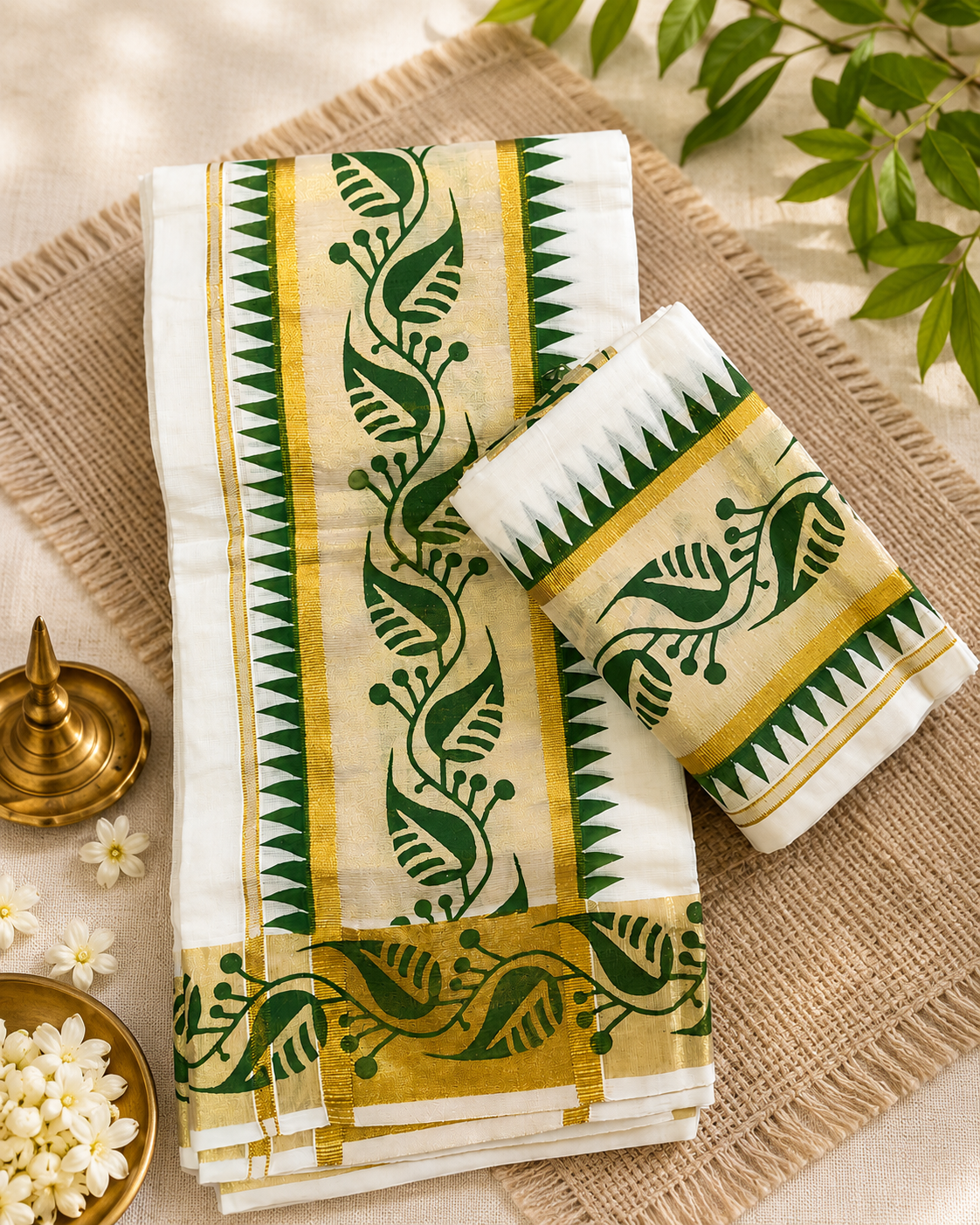 Premium Kerala Handloom Set Mundu with Green Leaf Design & Golden Kasavu Border