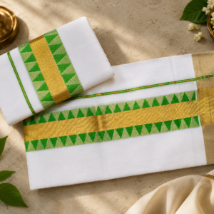 Premium Handloom Kerala Set Mundu with Green & Gold Temple Border