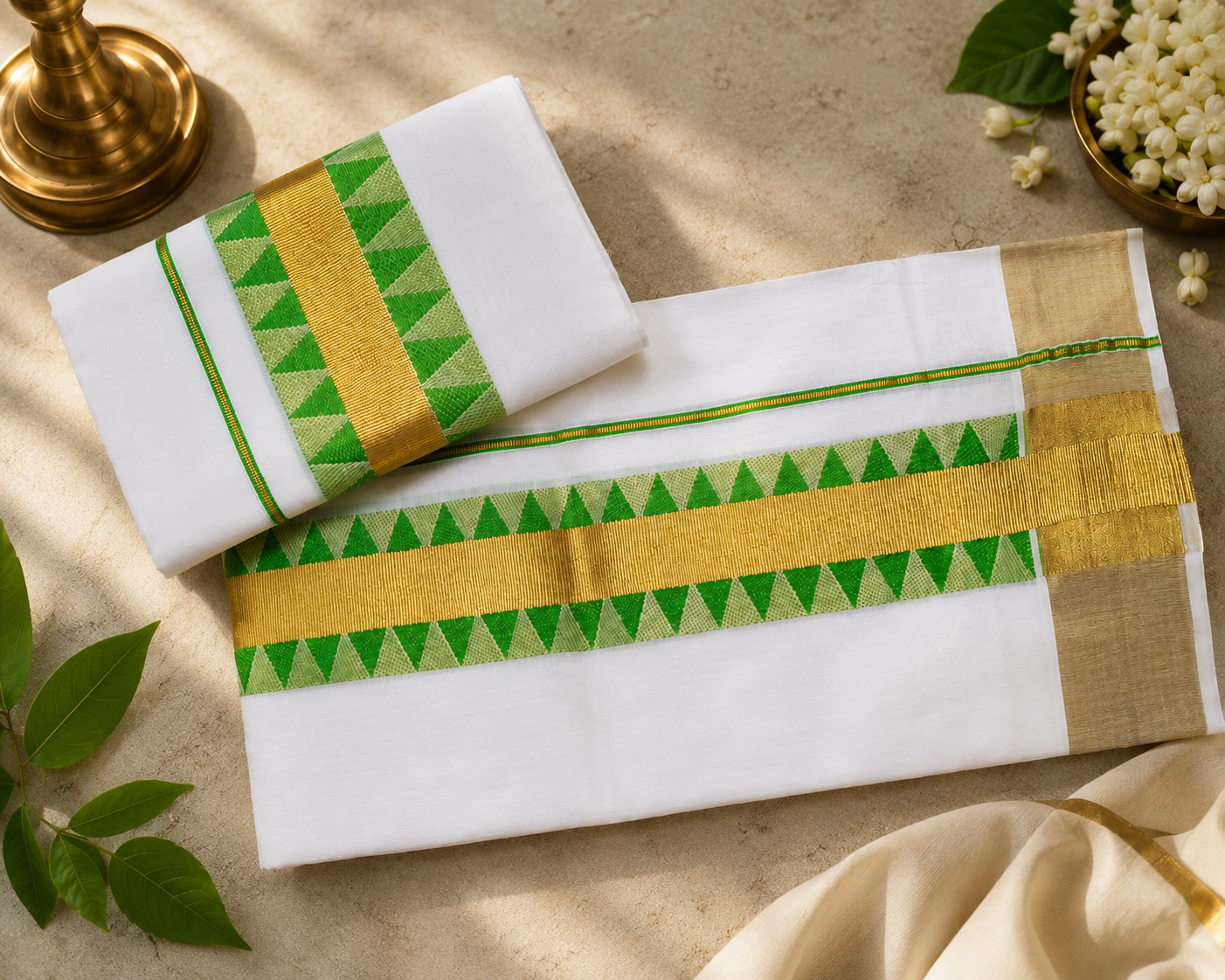 Premium Handloom Kerala Set Mundu with Green & Gold Temple Border