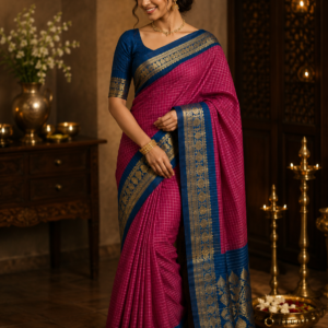 Kalyani Cotton Handloom Saree โ Magenta with Royal Blue Zari Border