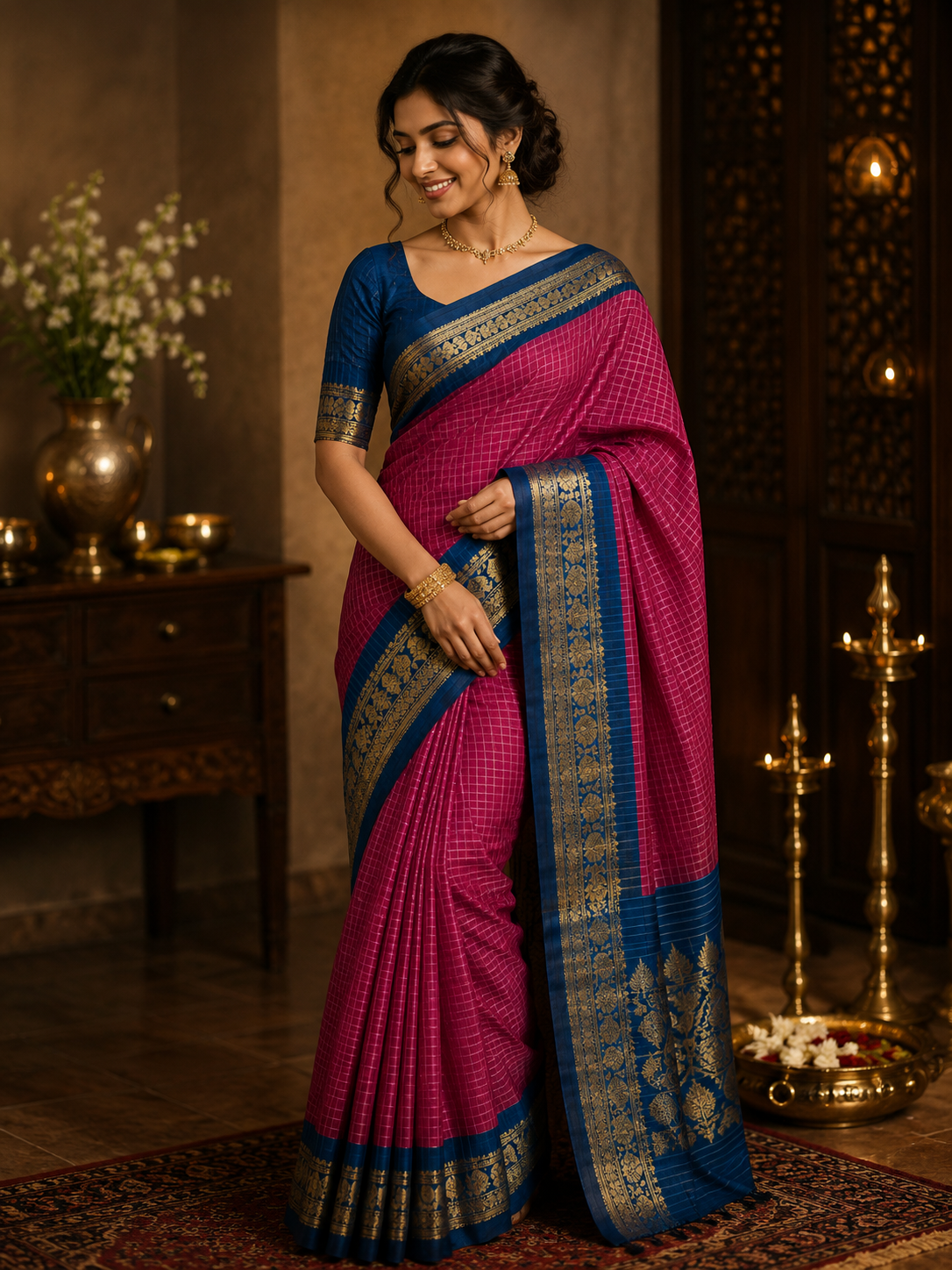 Kalyani Cotton Handloom Saree – Magenta with Royal Blue Zari Border