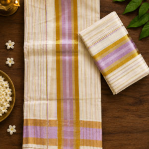 Kerala Set Mundu with Lavender & Gold Kasavu Border