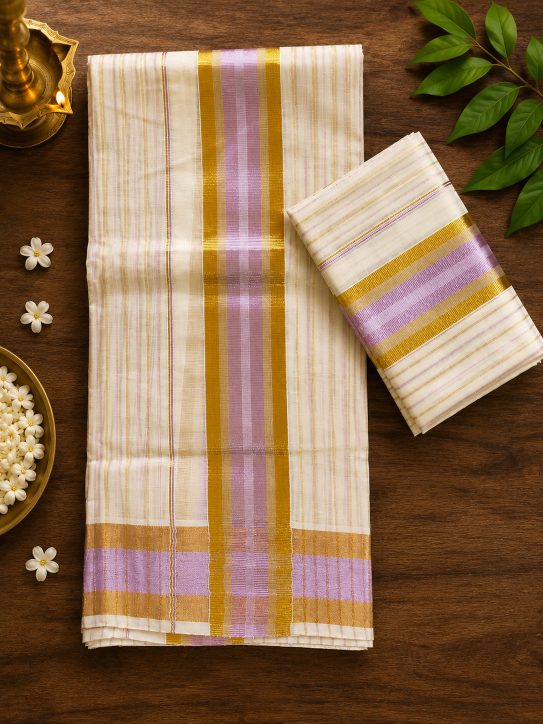 Kerala Set Mundu with Lavender & Gold Kasavu Border