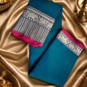 Peacock Blue Narayanpet Handloom Saree with Silver Zari Elephant Border