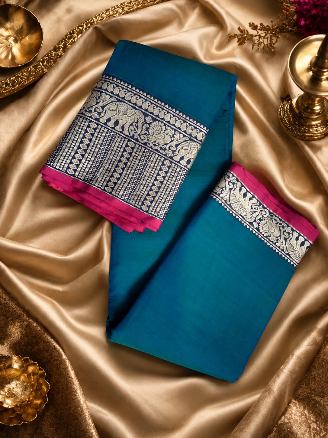 Peacock Blue Narayanpet Handloom Saree with Silver Zari Elephant Border