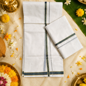 Premium Puliyirakkara Handloom Set Mundu with Black & Gold Kara