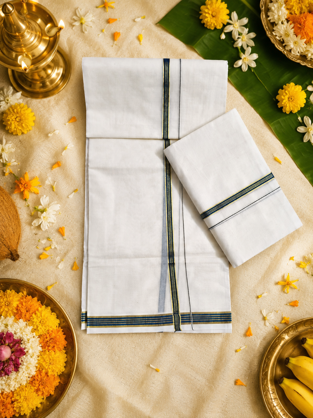 Premium Puliyirakkara Handloom Set Mundu with Black & Gold Kara