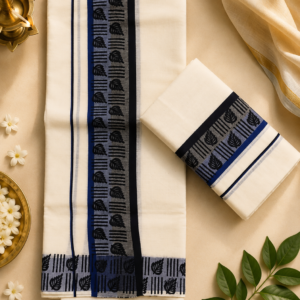 Pure Handloom Kerala Set Mundu with Royal Blue Leaf Motif Border