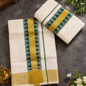 Premium Kerala Handloom Set Mundu with Teal Triangle Design & Golden Kasavu Border