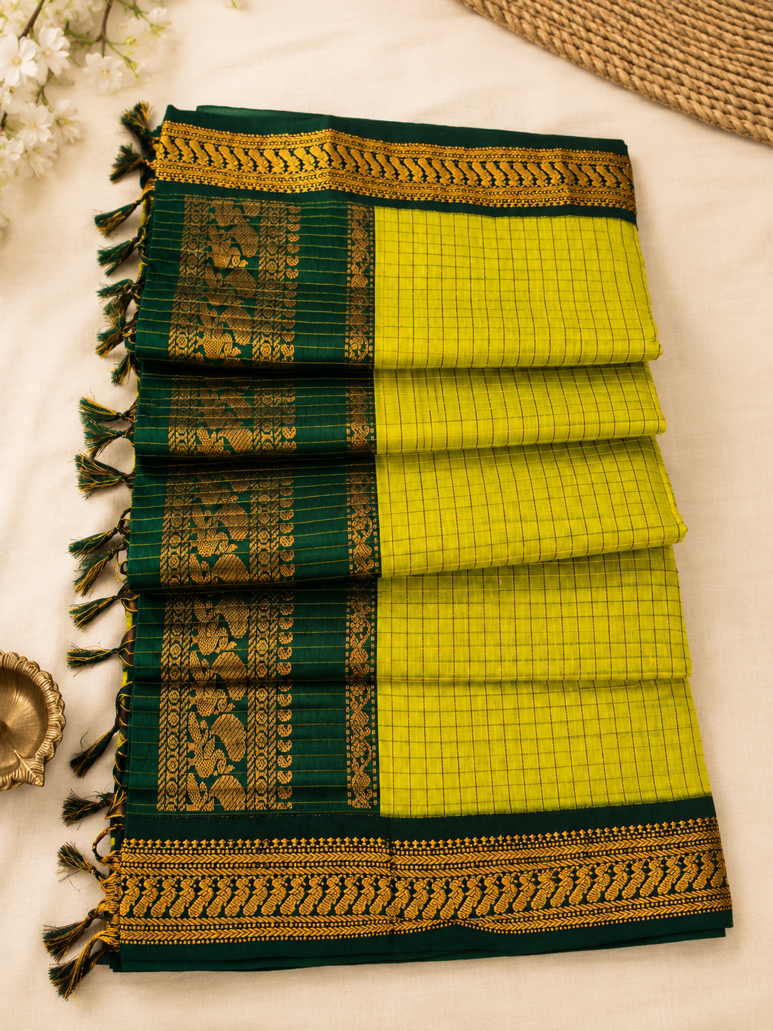 Pea Green & Deep Green Kalyani Cotton Saree with Gold Zari