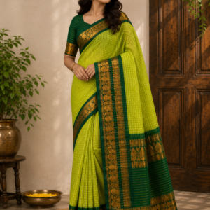 Pea Green & Deep Green Kalyani Cotton Saree with Gold Zari