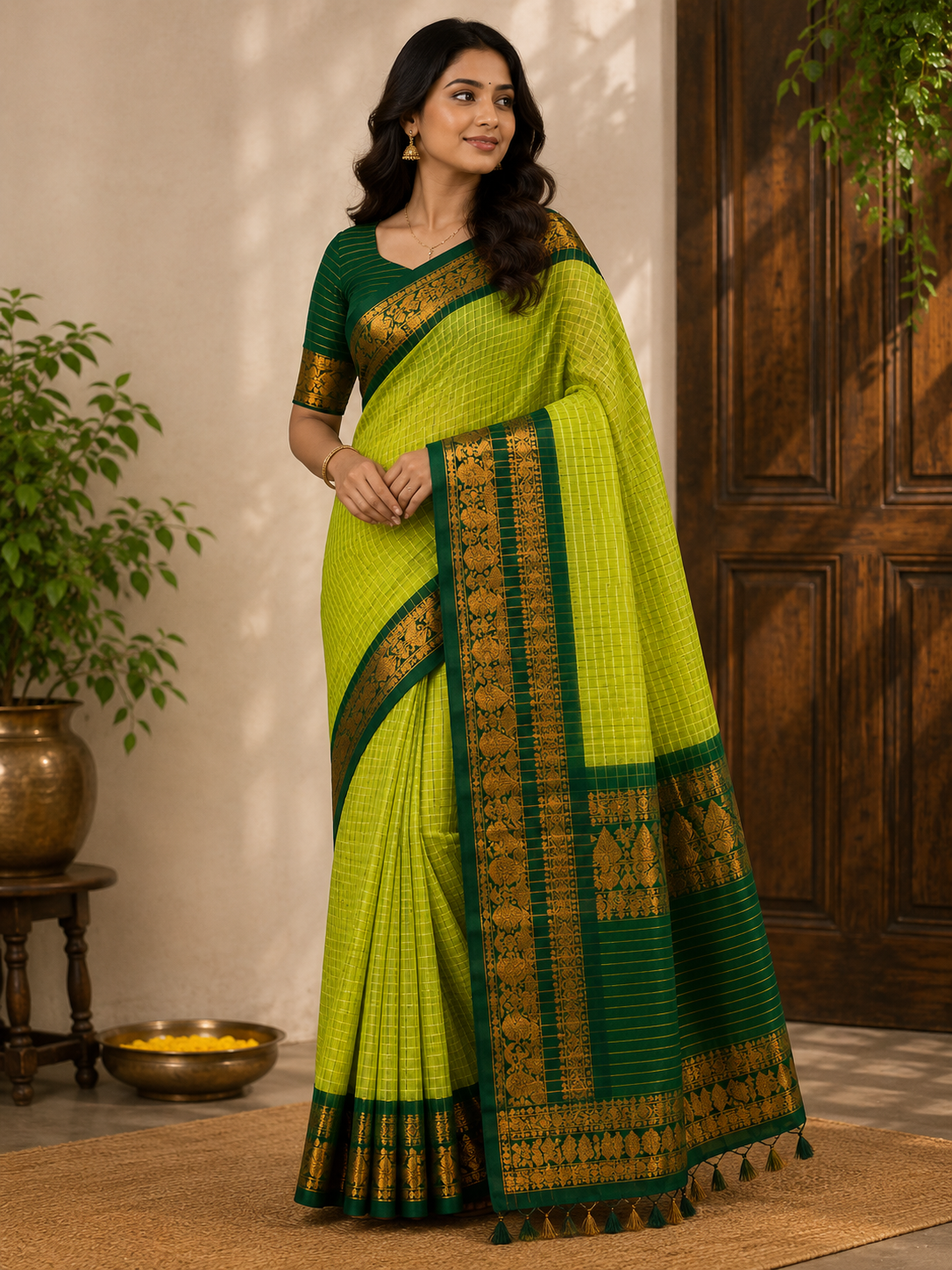 Pea Green & Deep Green Kalyani Cotton Saree with Gold Zari