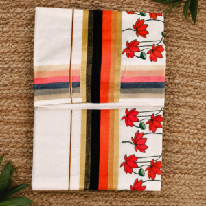 Kerala Saree Red Lotus Floral Print