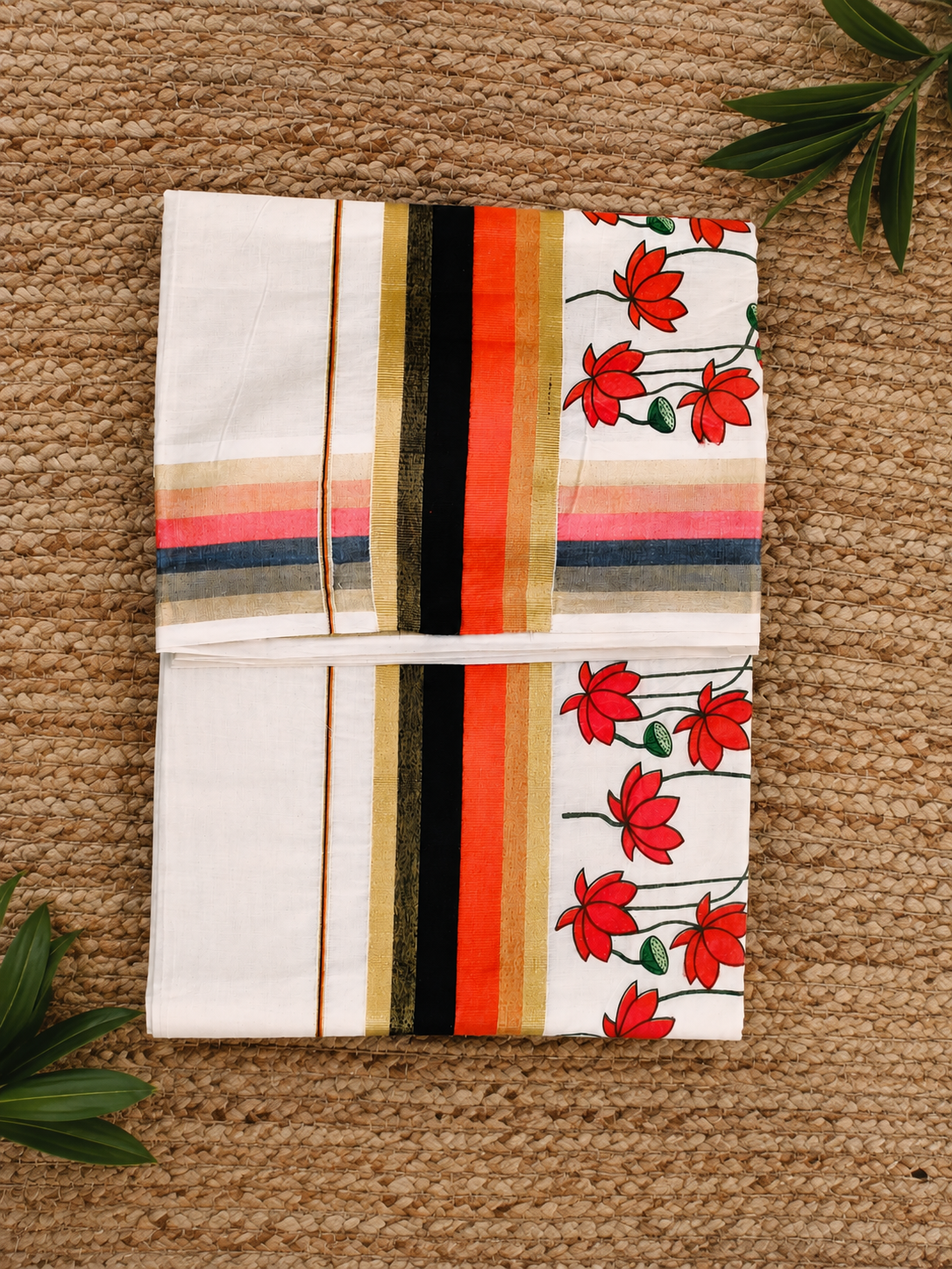 Kerala Saree Red Lotus Floral Print
