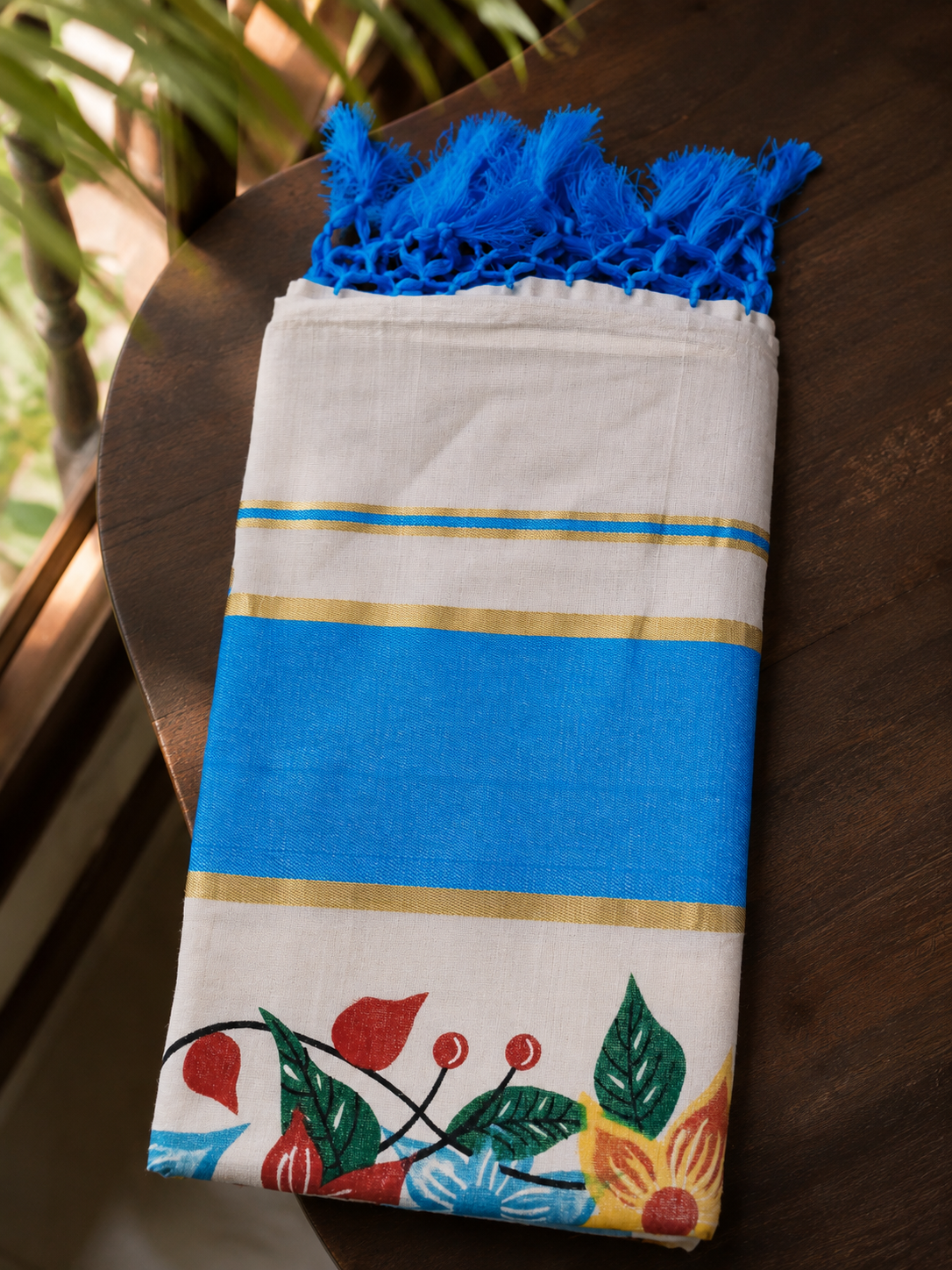Krishna peacock printed Kerala saree with sky blue border