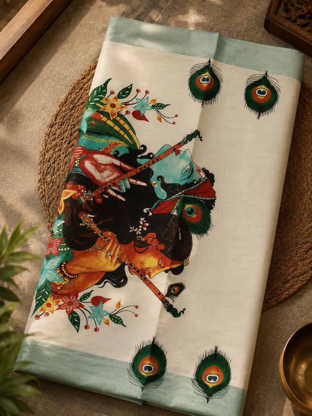 Krishna peacock printed Kerala saree with sky blue border